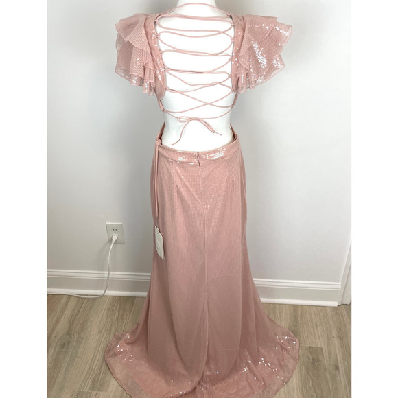 Mac Duggal Sequined Ruffled Cut Out Lace Up Gown In Rose Pink 10829 Size 8 New - Picture 9 of 16